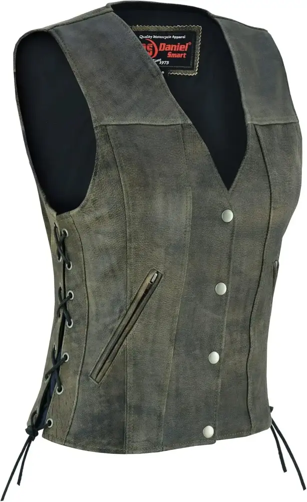 Daniel Smart V Neck Women's Motorcycle Leather Vest Premium Cowhide Ladies Leather Vest with Side Laces & Armory Pockets