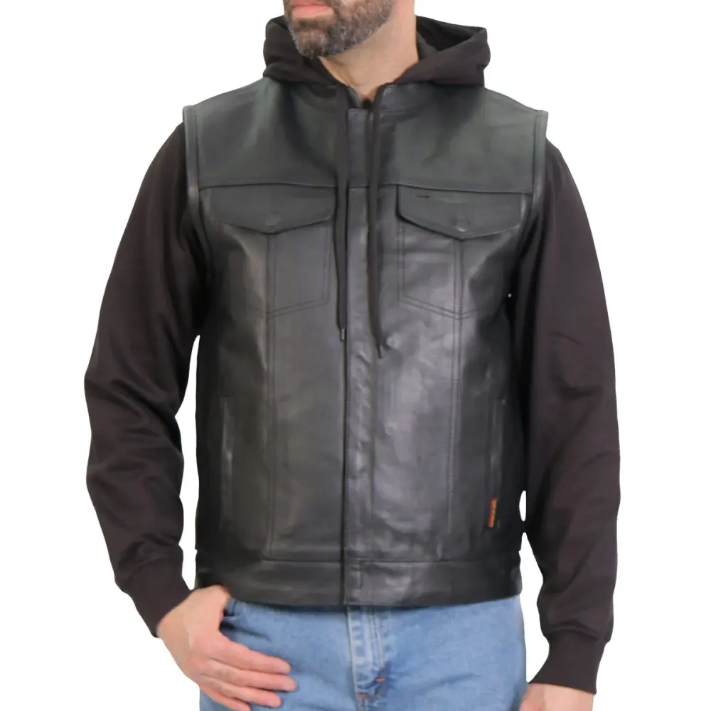 Hot Leathers VSM1202 Men's Black '2-in-1' Leather Vest with Hoodie 2X-Large