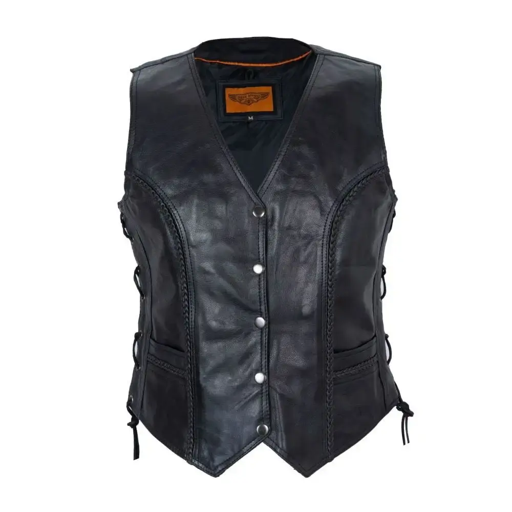Dream Apparel Womens Motorcycle Vest Black Genuine Leather Vests for Ladies Biker Riding Slim Vest With Braid and Side Laces