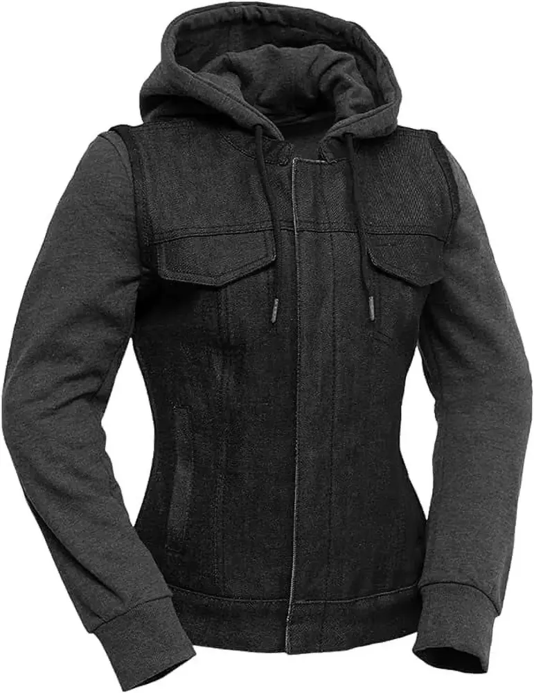 First Mfg Co - Essex - Women's Motorcycle Biker Riding Black Grey Denim Vest - 5X Large - Adjustable Lacing