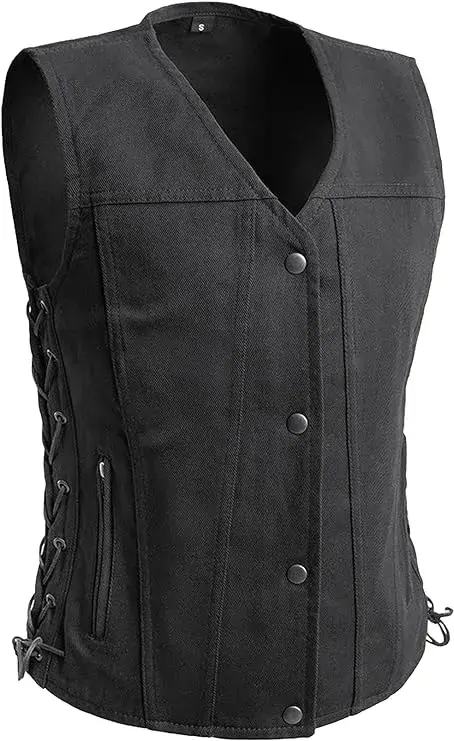 First Mfg Co - Tiff - Women's Motorcycle Biker Riding Black Twill Vest - 4X Large - Adjustable Lacing