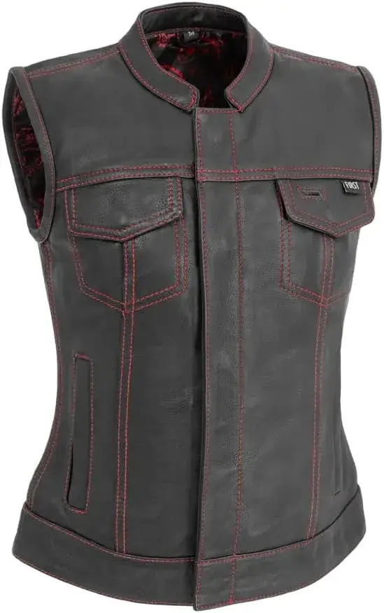 First Mfg Co - Jessica - Women's Motorcycle Biker Riding Black Red Leather Vest - 2X Large