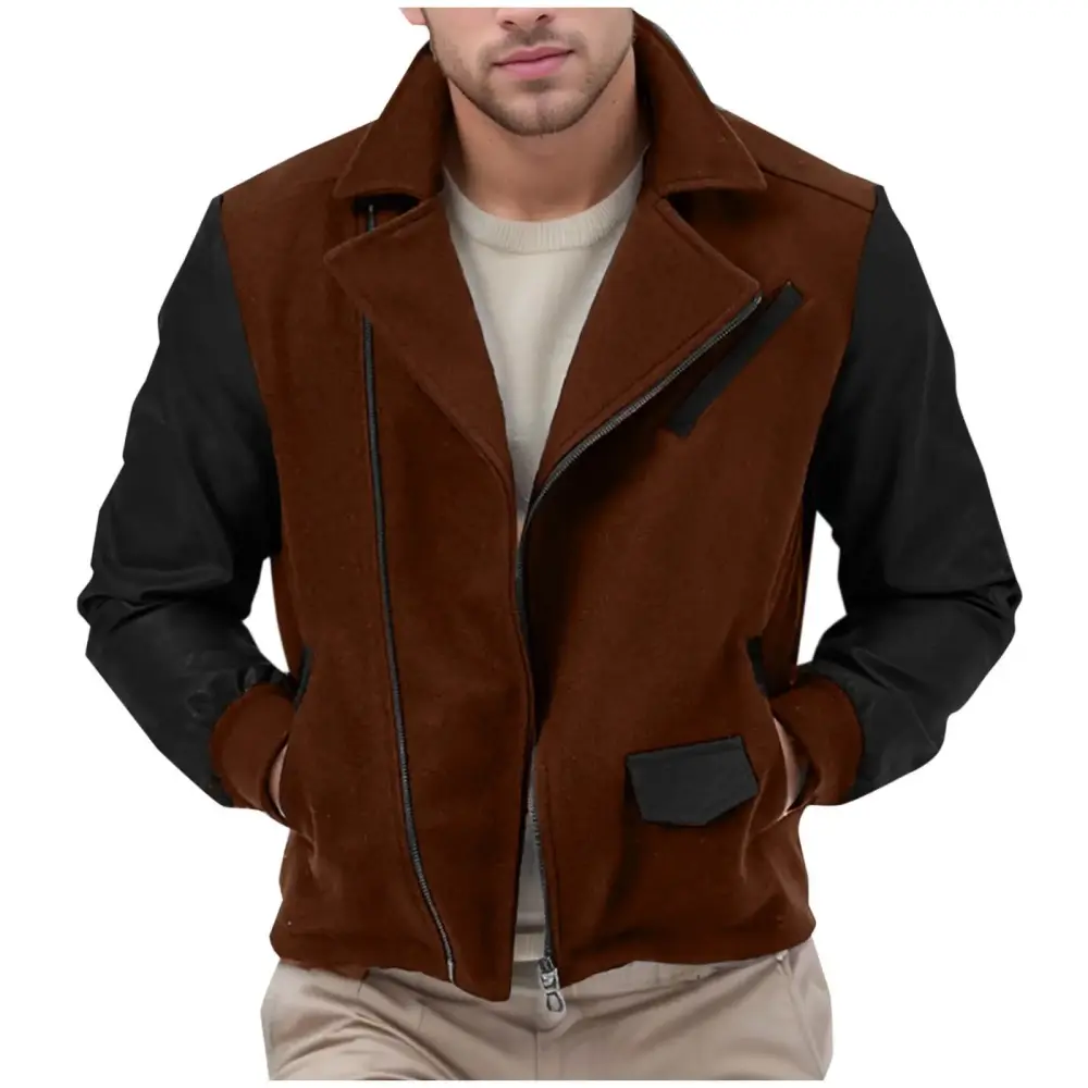Men's Leather Coat Peacoat for Men Sale Fashion Casual Solid Color Zipper Pockets Long Sleeve Hoodless Casual Outwear Christmas Gift Brown S-XXL