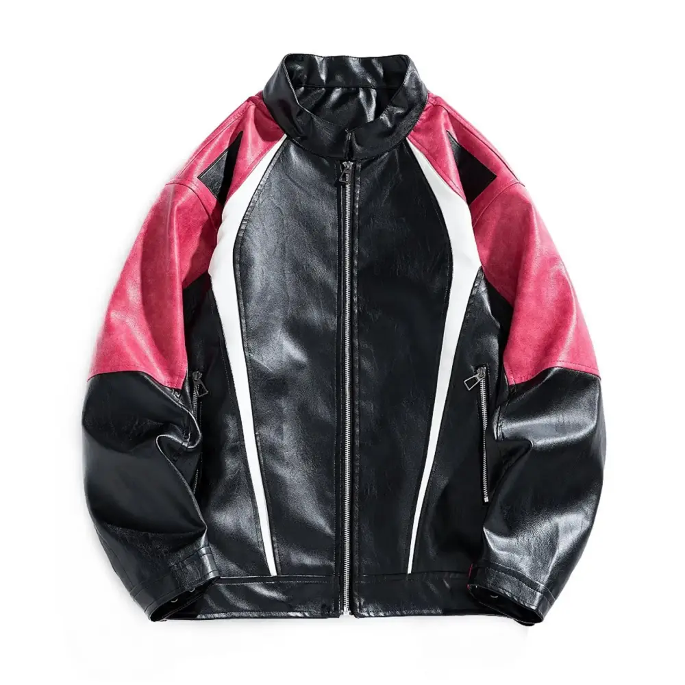 Men's Plus Size Trend Color Combination Fashion Stand Collar Casual Loose Motorcycle Leather Jacket