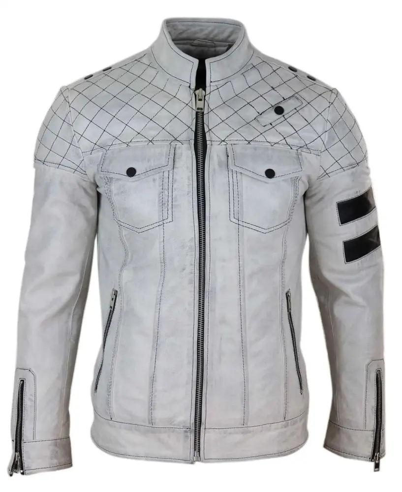 Mens Real Leather Racing Jacket Biker Zipped Casual Napa Stripes Black White