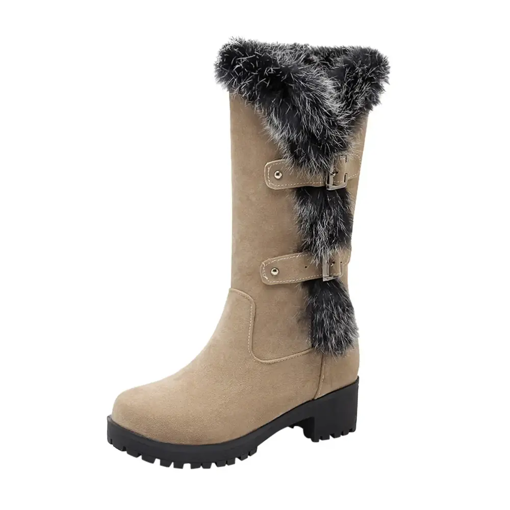 Women's Autumn and Winter Womens Rubber Boots Wide Calf Warmry Rain Boots for Women Mid Calf Boots Belt Buckle Thick Soled Mid Calf Boots with Thick Heels