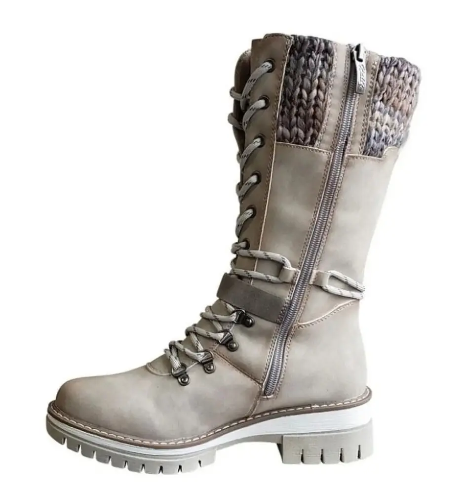 Women's Round Toe Low Heel Non-slip Lace up Mid Calf Motorcycle Side Zipper Combat Cowboy Riding Boots