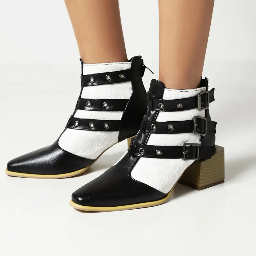 Jyeity Sandals Women Fashion Ladies Chunky Heel Colorblock Belt Buckle Back Zipper Mid Heel Motorcycle Walking Shoes Women White Size 37(US:6)