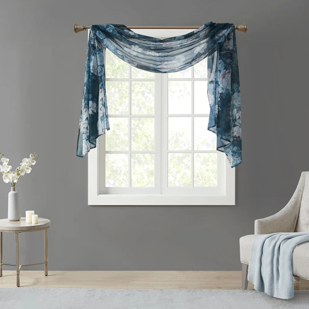 Printed Floral Voile Sheer Scarf Navy Polyester Womens Fashion Accessory