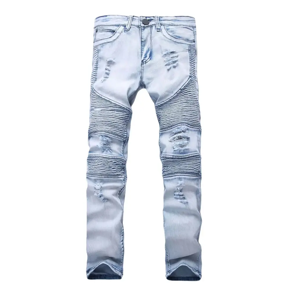WEAIXIMIUNG Men's Pants Elastic Waistband 46 Mens Street Motorcycle Pleated Slim Fit Leggings Elastic Perforated Jeans