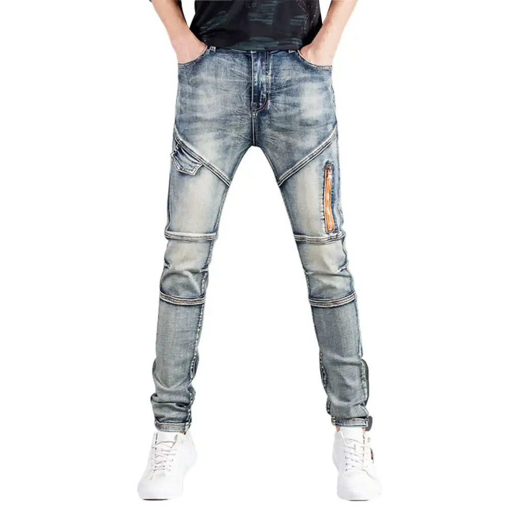 Hwmodou Men Cargo Trousers Retro Jeans Patchwork Motorcycle Slim Fit Retro Wlastic Small Leg Jeans Male Sports Pants Light Blue L/33