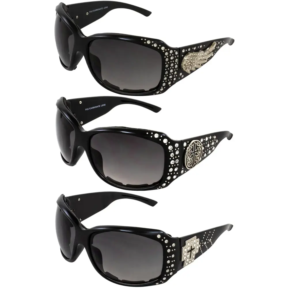 Rodeo Queen 3 Pairs of Motorcycle Sunglasses for Women Padded Fashionable Black Frame w/ Bling Rhinestones & Smoke Gradient Lenses