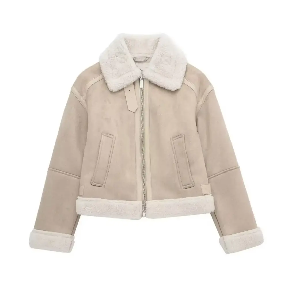 RYRJJ Women Winter Suede Jacket Thicken Fleece Lined Motorcycle Jacket Faux Fur Shearling Fluffy Coat Cropped Bomber Jacket(Beige.XS)