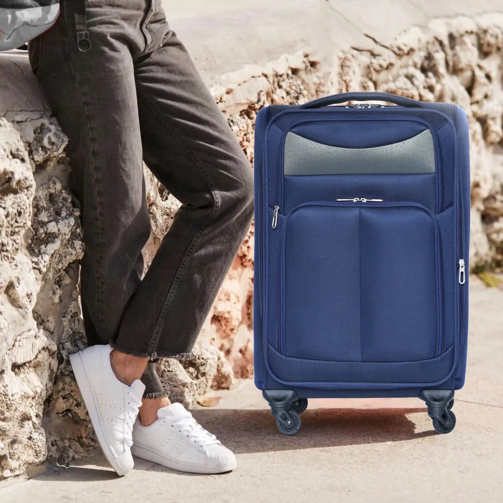 24-Inch Rolling Luggage Suitcase in Navy Blue, Lightweight Oxford Fabric Checked Bag with Spinner Wheels