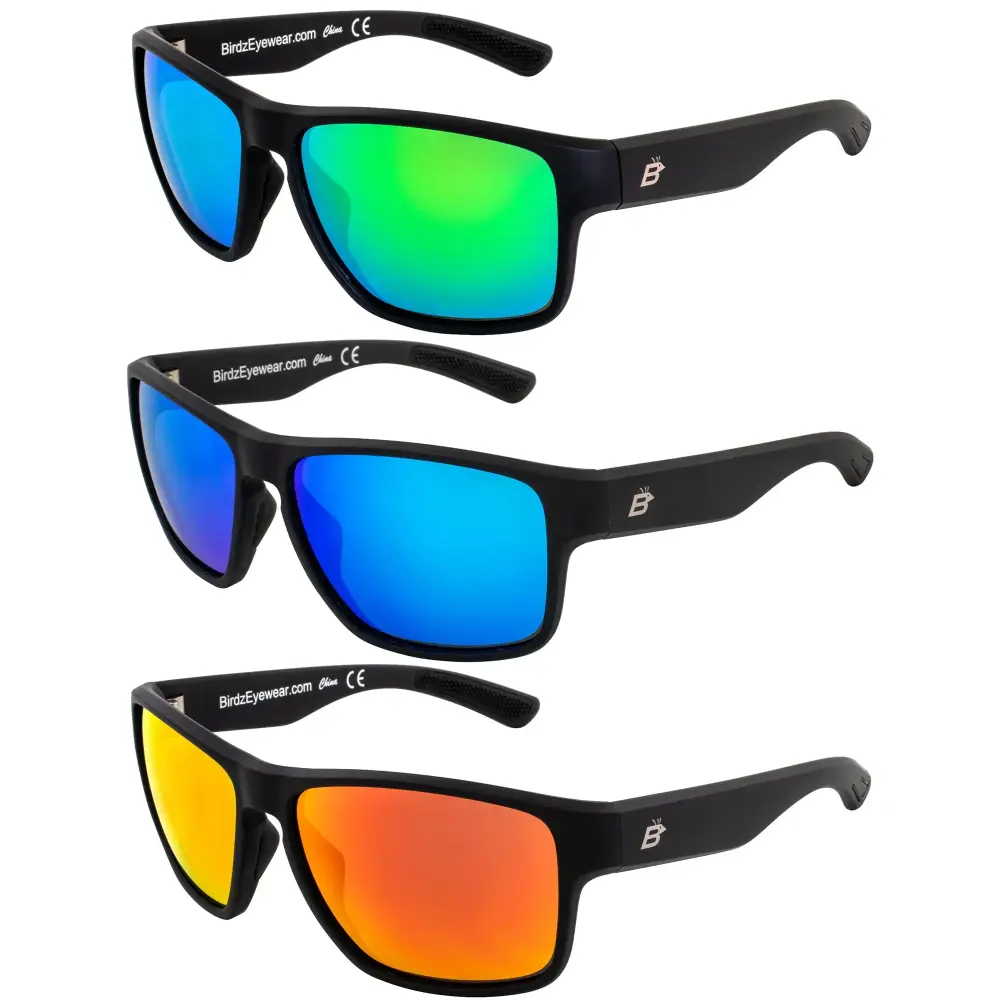 Birdz Glide Sunglasses for Men or Women Scratch Resistant Lens Lightweight Black Square Frame Green Blue and Red Mirror Lens