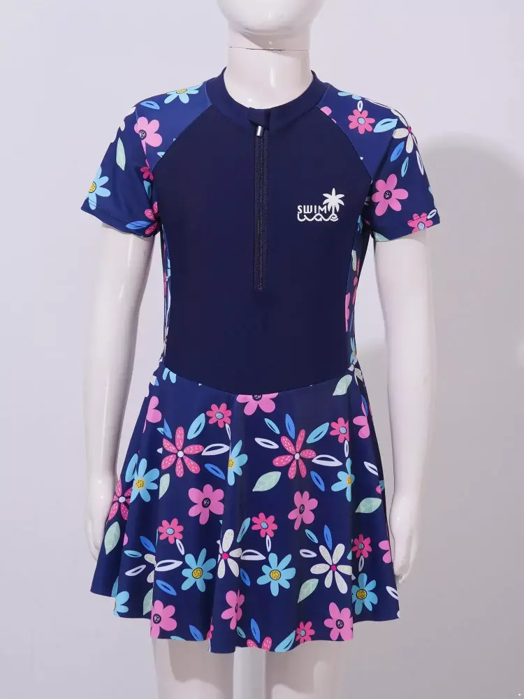 Inhzoy Kids Girls Swimsuit Flower Printed Short Sleeve Swimming Dress with Built-in Shorts Navy Blue 8-9
