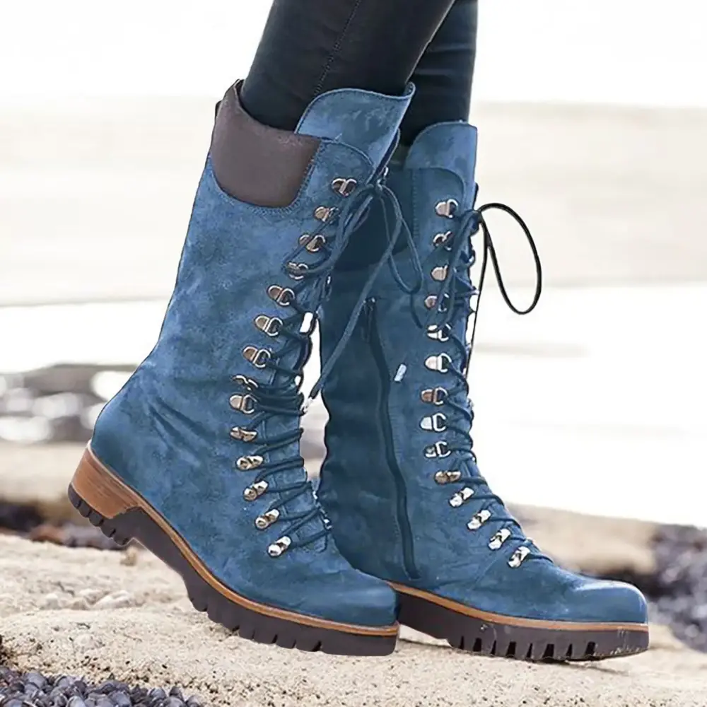 GUGUbb Women's Warm Boots Autumn and Winter Heeled Cylinder Boots Boots Boots Mid Suede Lace-Up Large Size Tall Boots.Blue