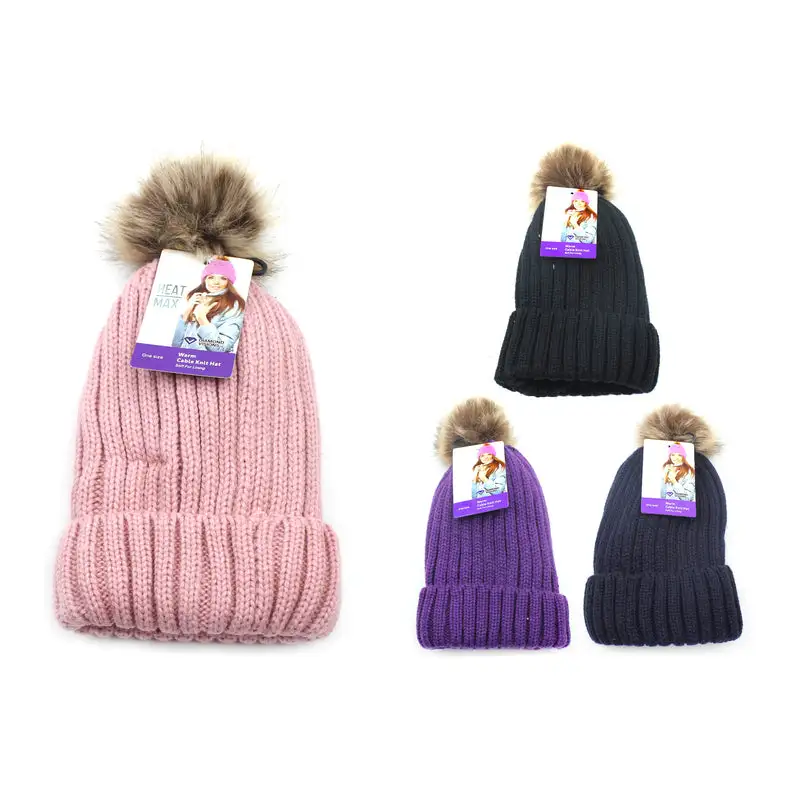 Diamond Visions Heat Max Fur Pom-Pom Thermal Hat Acrylic Winter Hat Pack of 24