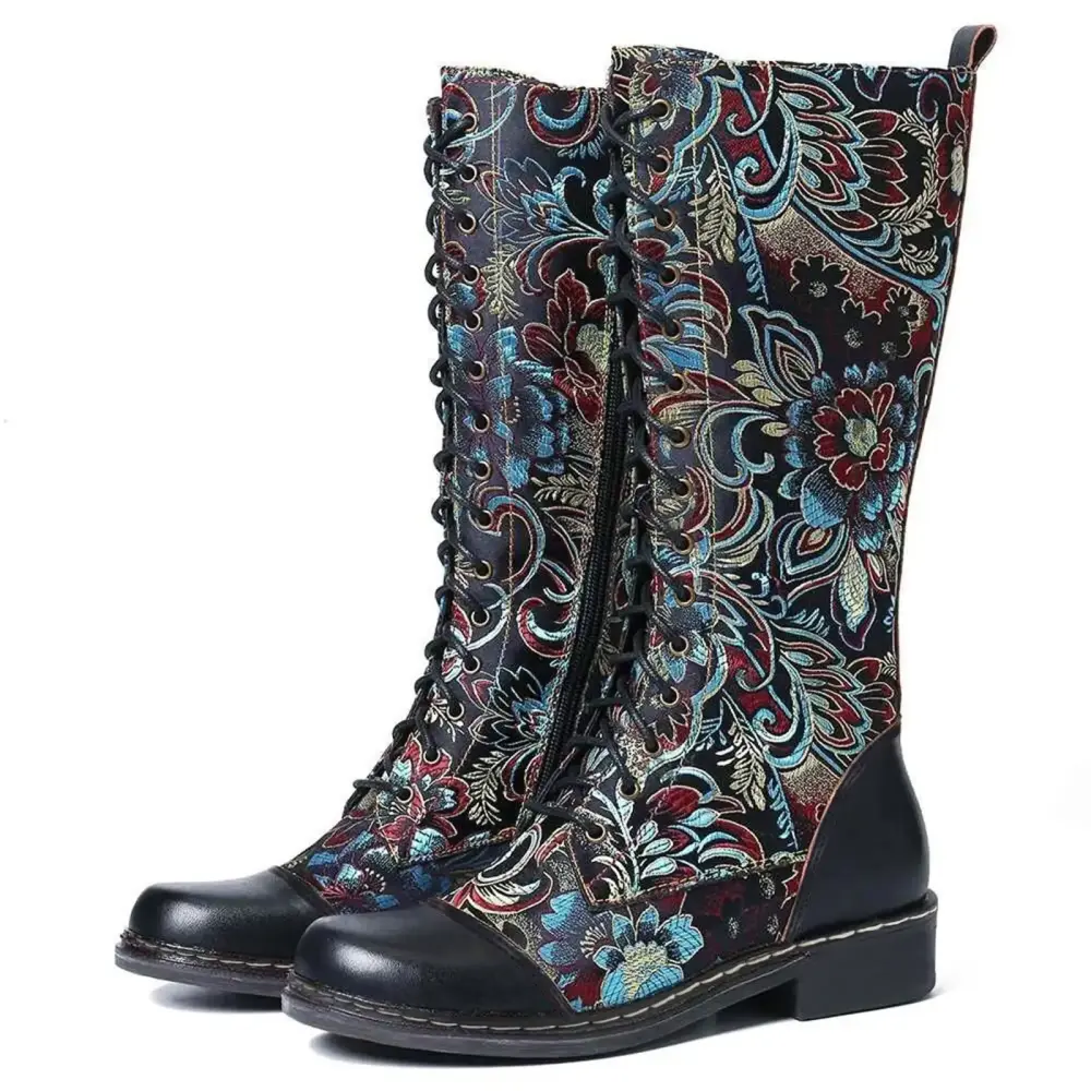 Boots for Womens Embroidered Open Toe Boots for Women Thigh High Vintage Boots Motorcycle Boots Thigh High Boots Women Ethnic Style Women's Boots Long Boots Shoes