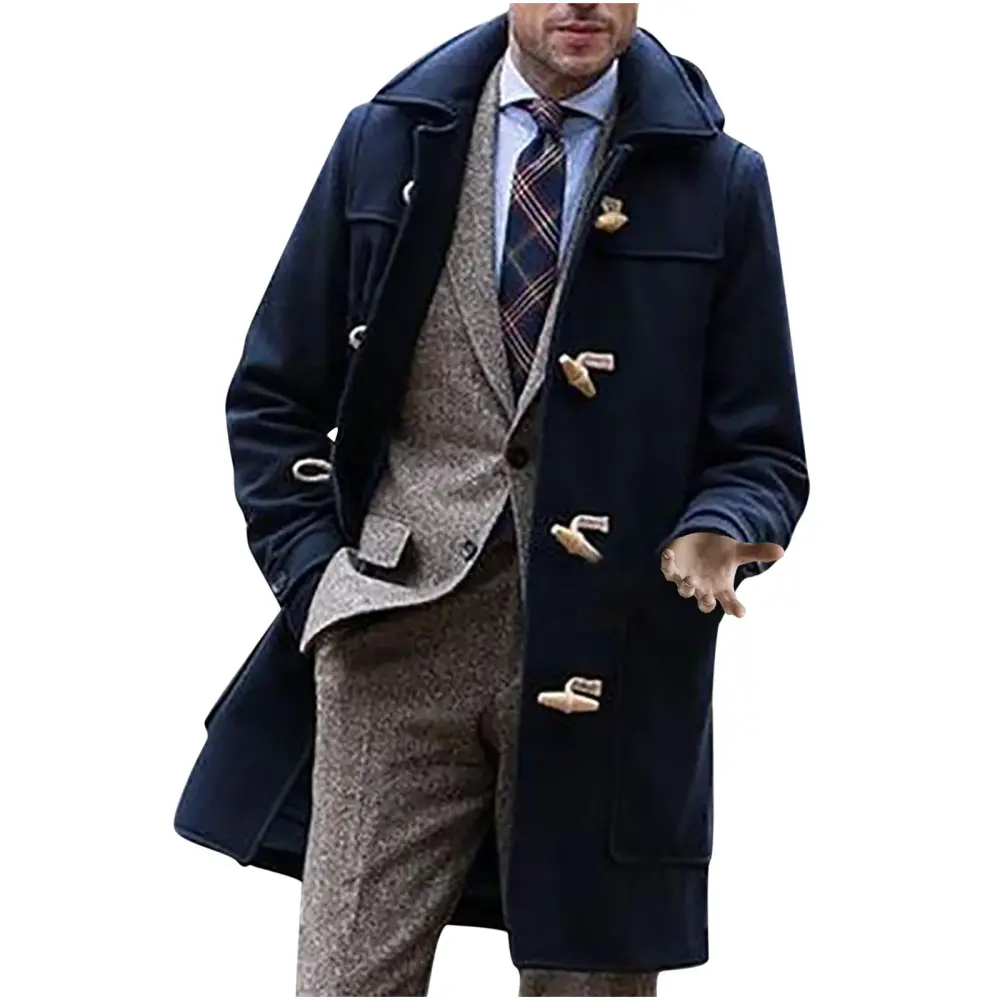 CTPDG Men's Solid Color Casual Trench Coat Slim Fit Turndown Collar Long Jacket Overcoat Single Breasted Pea Coat Wih Pockets Dark Blue M