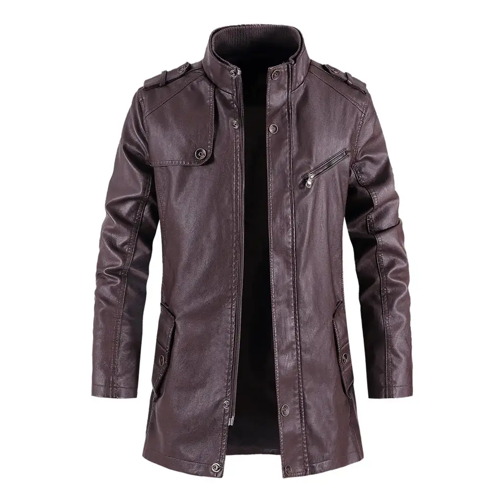 Hfyihgf Mens Vintage Faux Leather Trench Coat Classic Stand-collar Full Zip Button Coat Slim Fit Long Motorcycle Bomber Jacket Windbreaker with Pockets(Coffee.S)