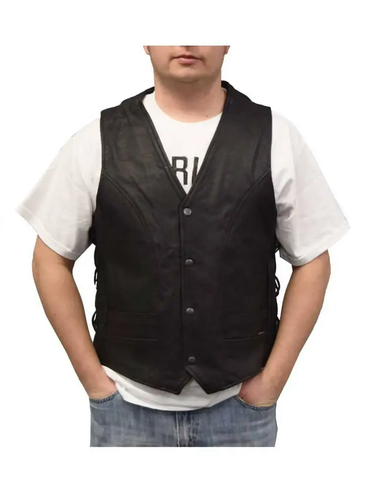 Redline Leather Men's Leather Black Piping Motorcycle Riding Vest M-2200BR (L)
