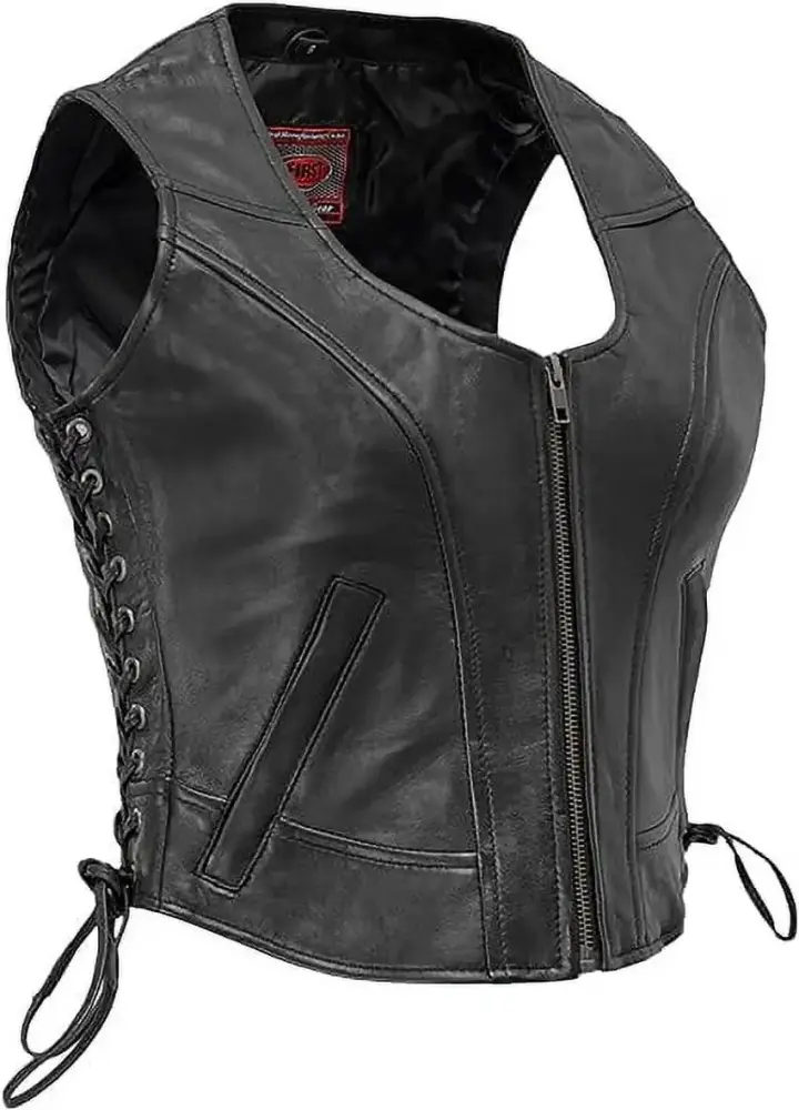 First Mfg Co - Raven - Women's Motorcycle Biker Riding Black Leather Vest - Large - Side Lacing