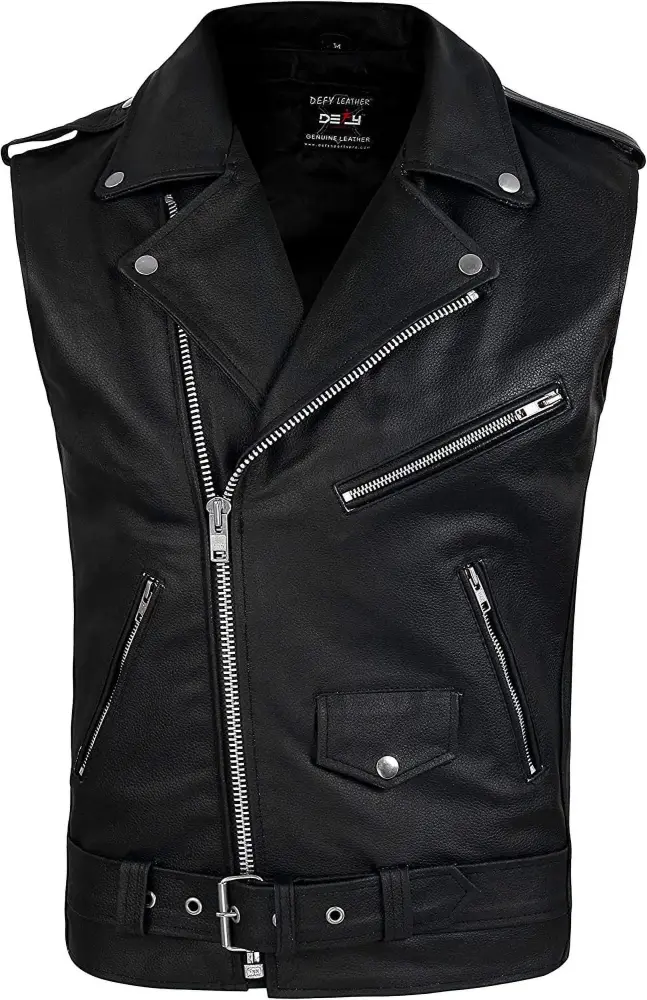 Defy Leather Motorbike Vest. Biker Style Vest - Jacket with Inner Pockets. Black. S
