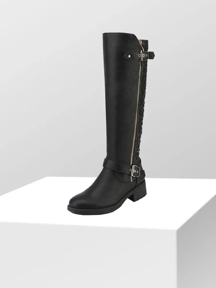 Women Wide Calf Boots Faux Fur Lined Low Heel Riding Knee High Boots