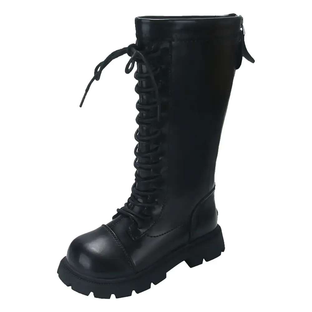 Huesdet Girl's Fashion Boots Kids Girls Lace-Up Side Zipper Lined Knee High Leather Winter Boots Mid Calf Riding Boots Dress Princess Shoes(Black.10.5-11 Years)