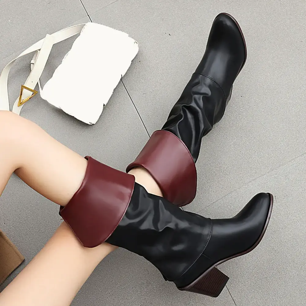 GUGUbb Ms. warm boots fall and winter thick heel tube boots new leather boots two wear thin boots.Black