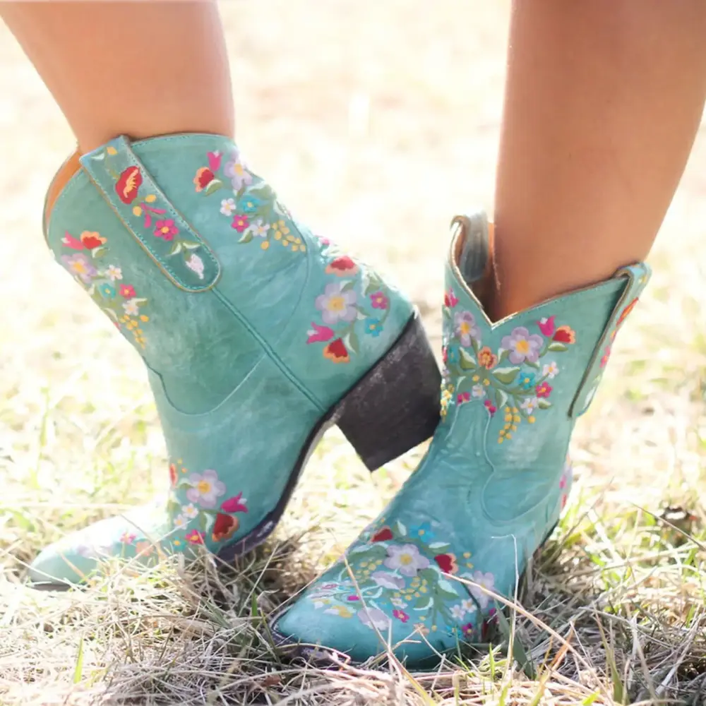 GUGUbb Women's Warm Boots Short Boots Boots Boots Cowboy Flower Embroidery Boots.Blue