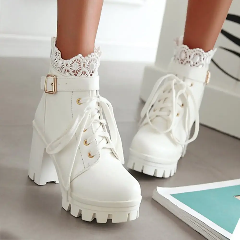 GUGUbb Women's Warm Boots Medium Large Size Lace Boots.White