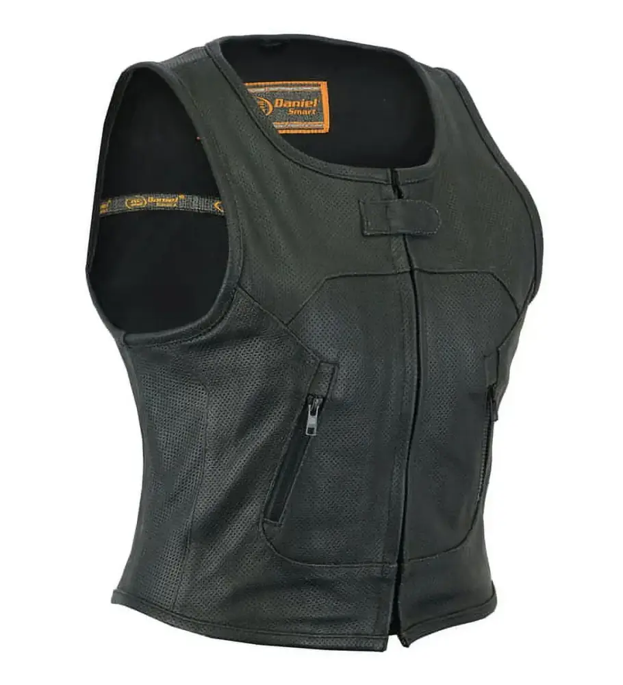 Daniel Smart Women's leather vest - Premium Cowhide Motorcycle Leather Vest with Perforated Design & Concealed Armory Pockets